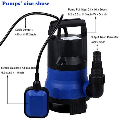 Rendio 1/2 HP Sump Pump Submersible Water Pump Clean/Dirty Water 2115GPH 400W 15ft Cable and Float Switch (Blue) - B07F3WT75M